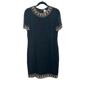 Vintage Cache Silk Beaded Dress Size 12 Black Gold Formal Party Cocktails Dressy